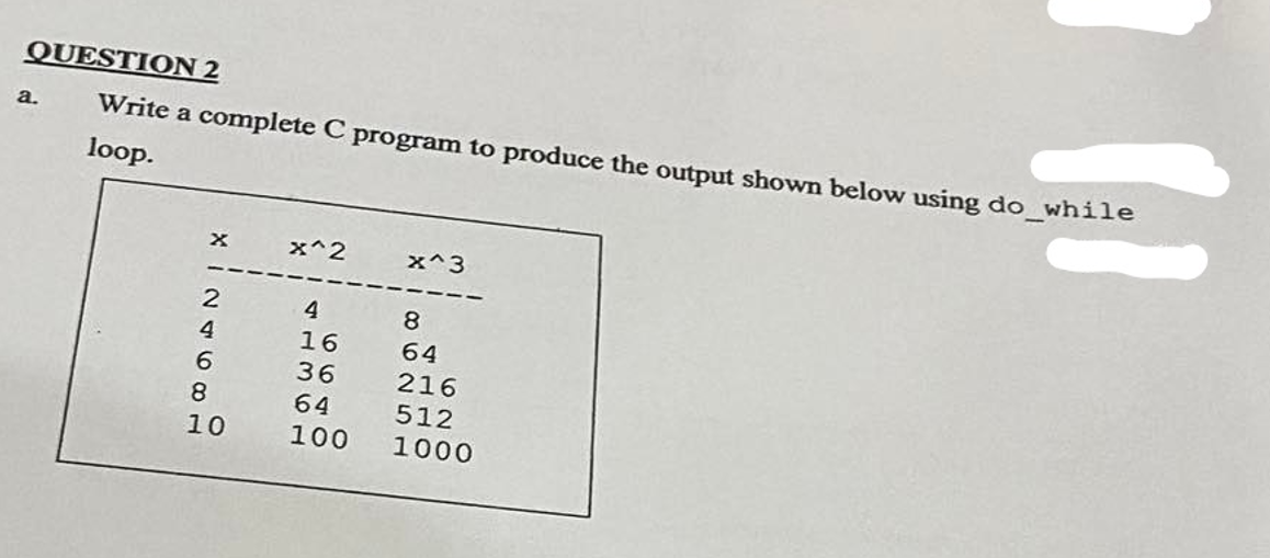  QUESTION 2 a. Write a complete C program to produce the