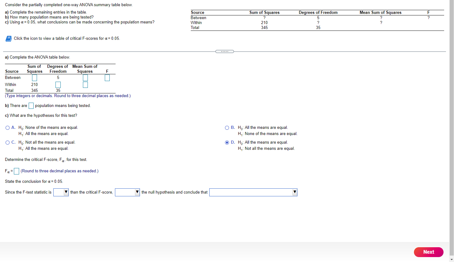  Consider the partially completed one-way ANOVA summary table below. a) Complete