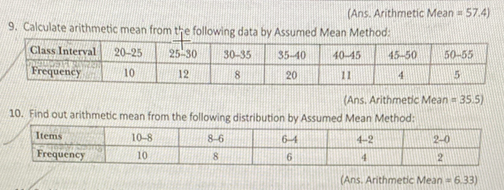  (Ans. Arithmetic Mean = 57.4) 9. Calculate arithmetic mean from the
