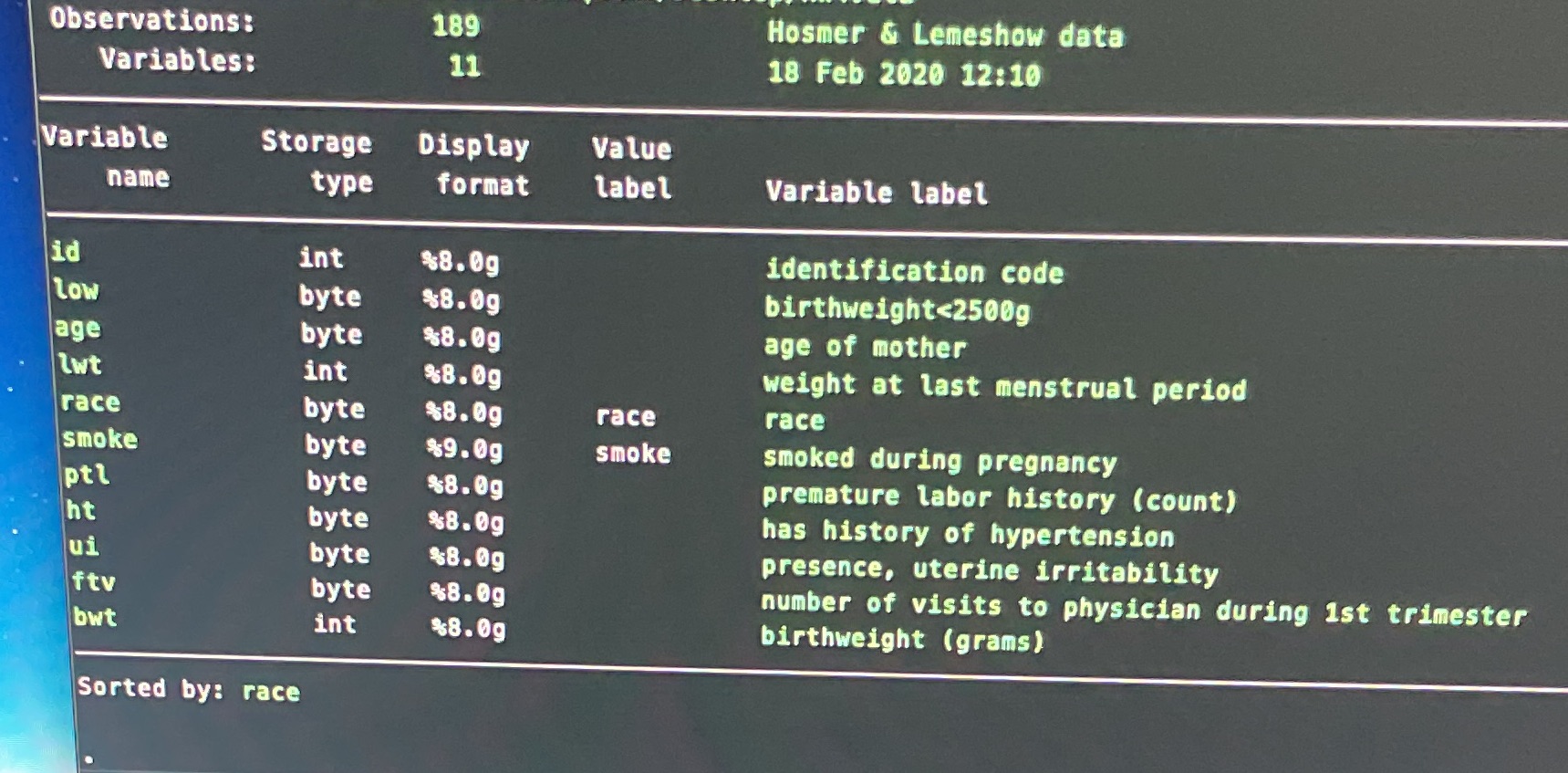 A. Use the describe command to report 1) the number of observations