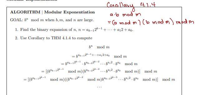 (b,n,m) that computes bnmodm using the algorithm discussed in lecture. No credit