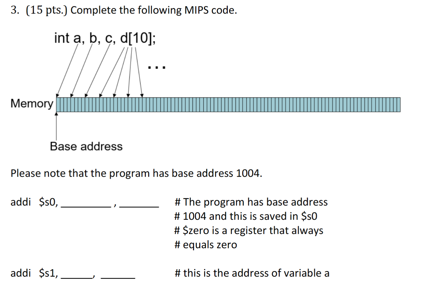  3. (15 pts.) Complete the following MIPS code. Please note that