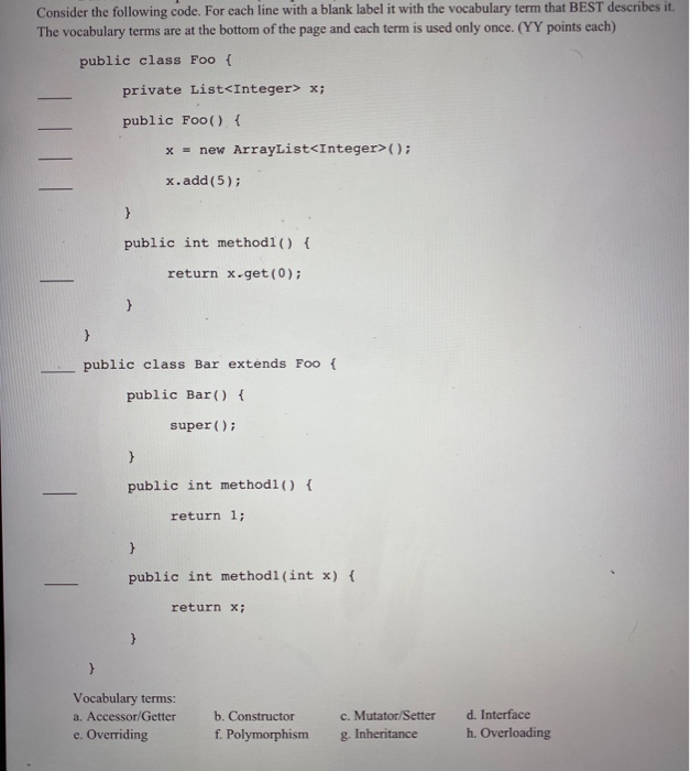  Consider the following code. For each line with a blank label