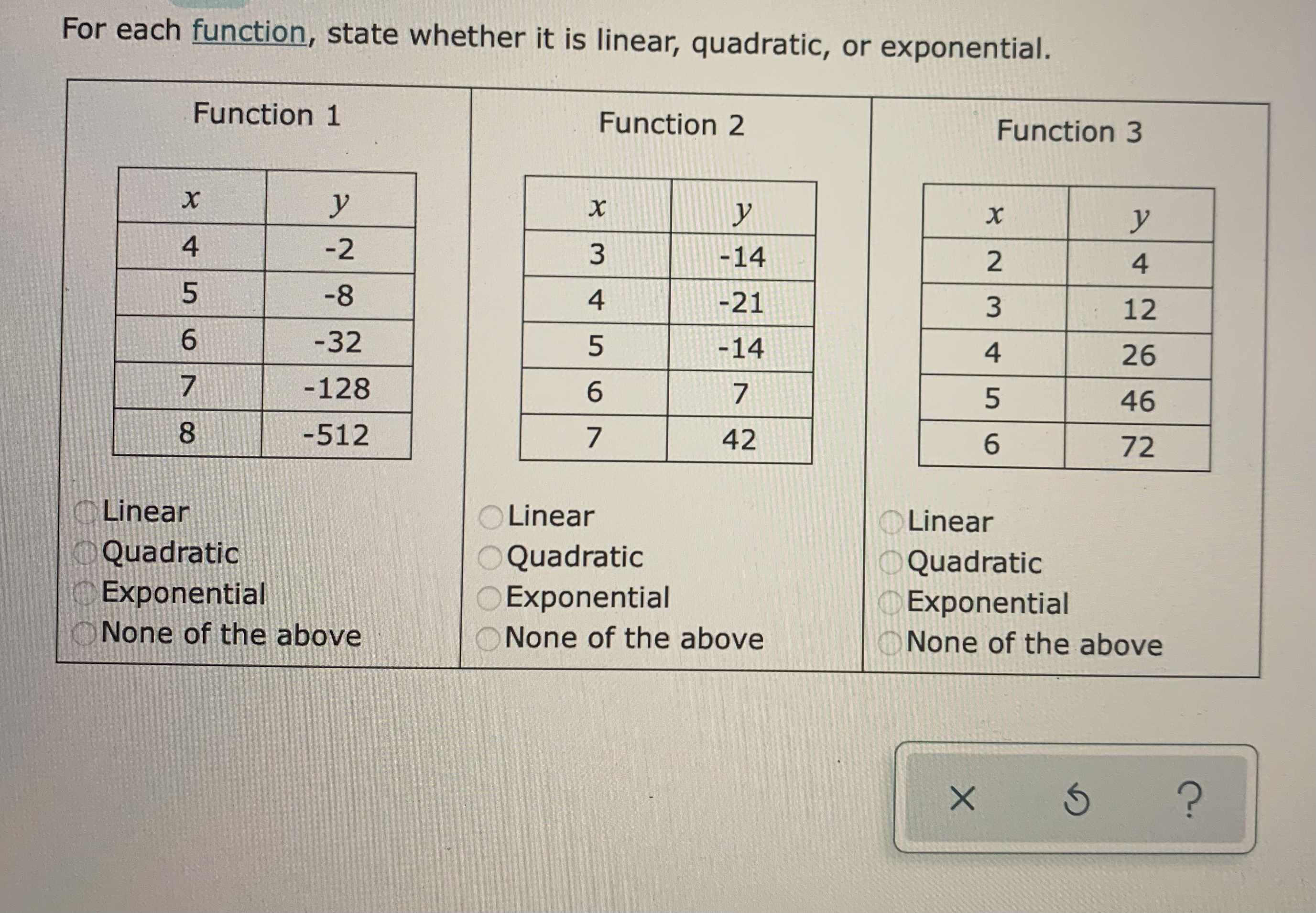 For each function, state whether it is linear, quadratic or exponential. For