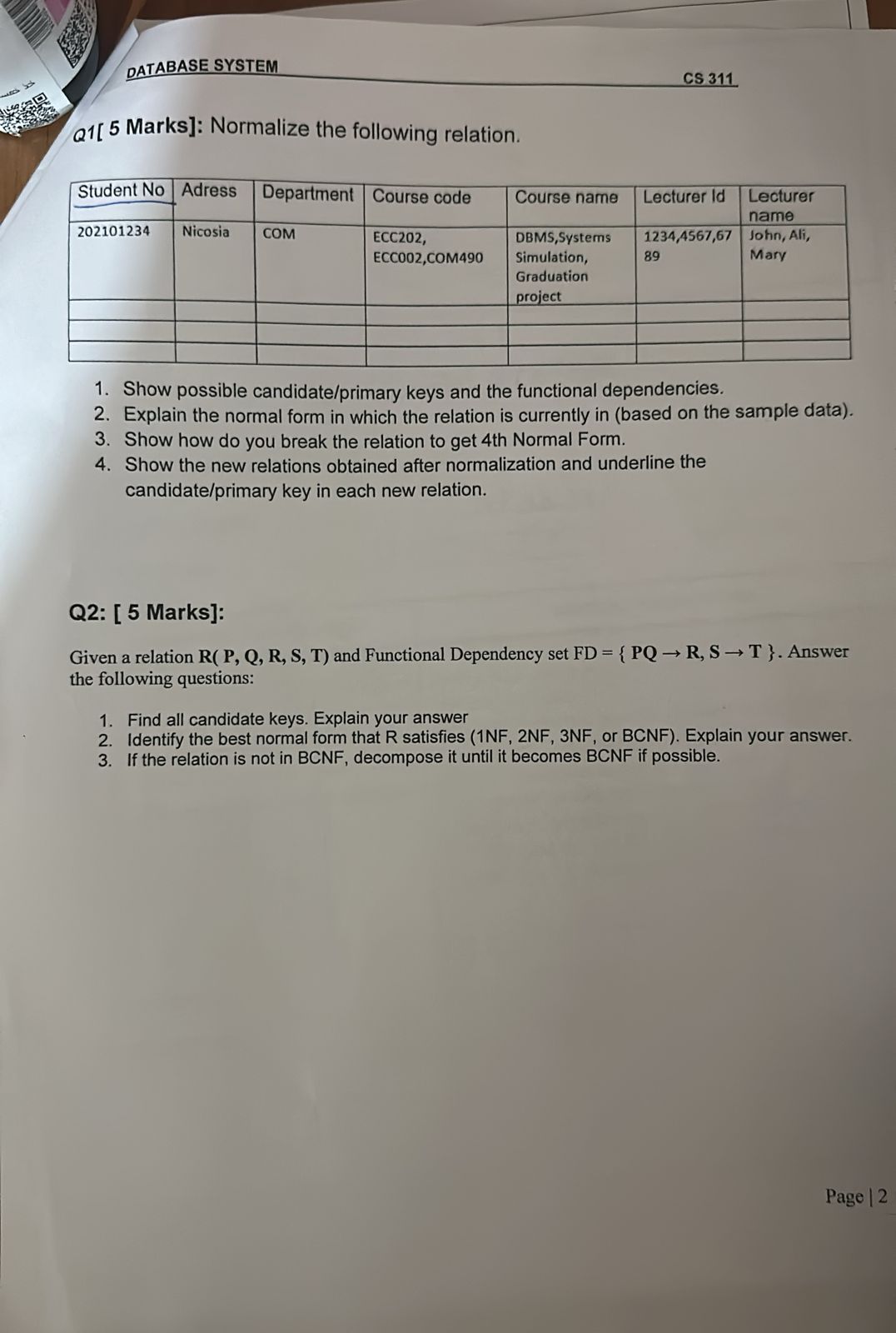  Q1[5 Marks]: Normalize the following relation. Show possible candidate/primary keys and