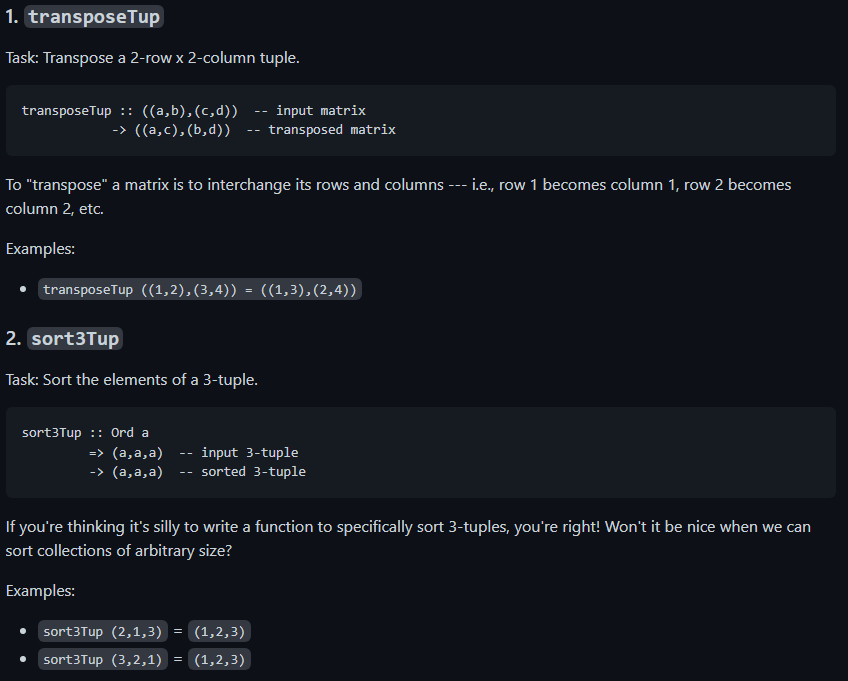 Use Haskell coding language to resolve 1. transposeTup Task: Transpose a 2-row