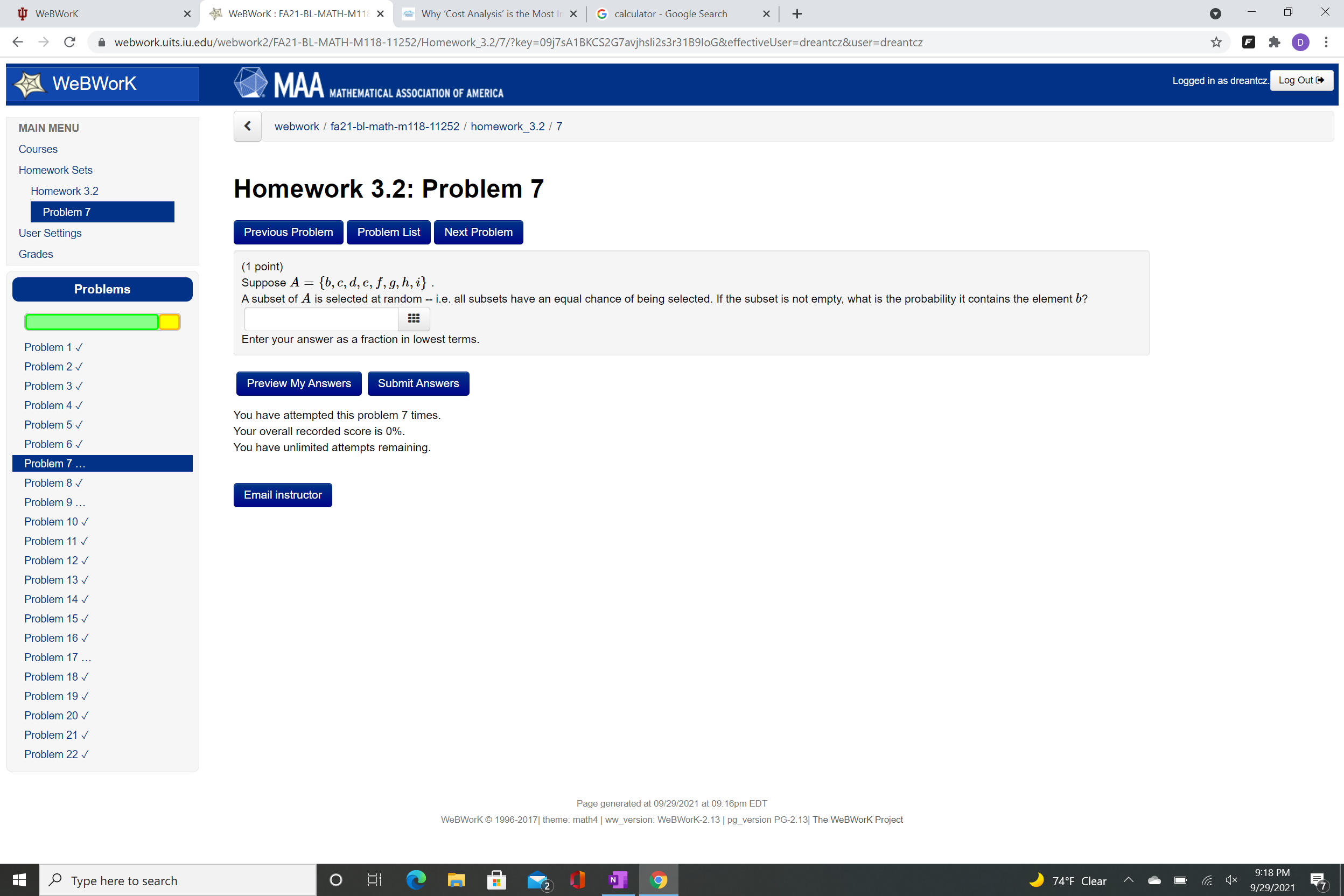  W WeBWork X WeBWork : FA21-BL-MATH-M118 x Why Cost Analysis' is