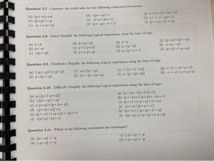  Question 3.7. Construct the truth table for the following compound statements.