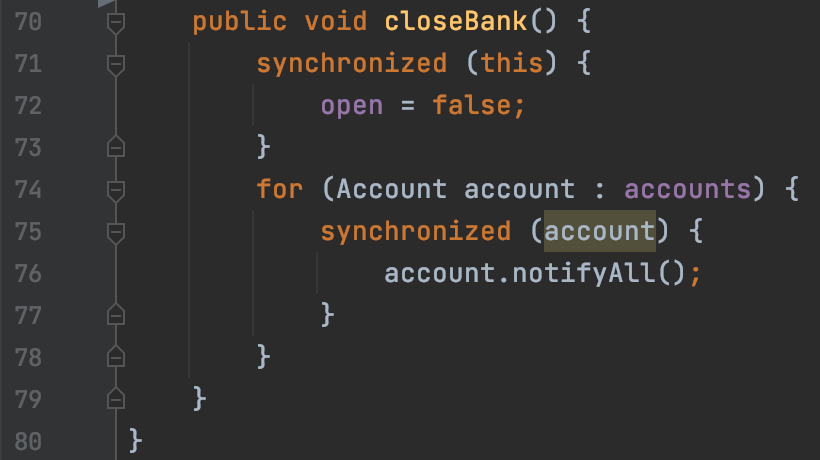 { private volatile int balance; private final int id; private Bank bank;