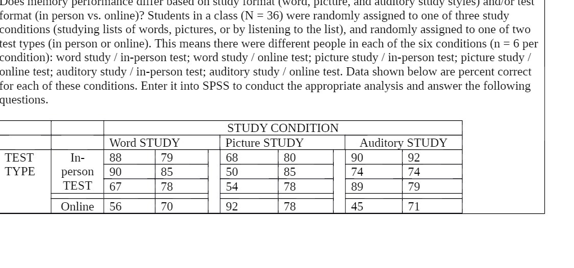  Does memory performfiance differ based off study formfial (word, picture, and