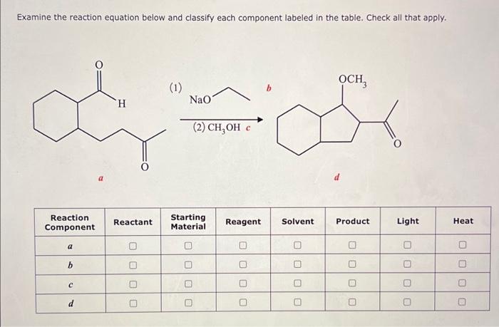  Examine the reaction equation below and classify each component labeled in