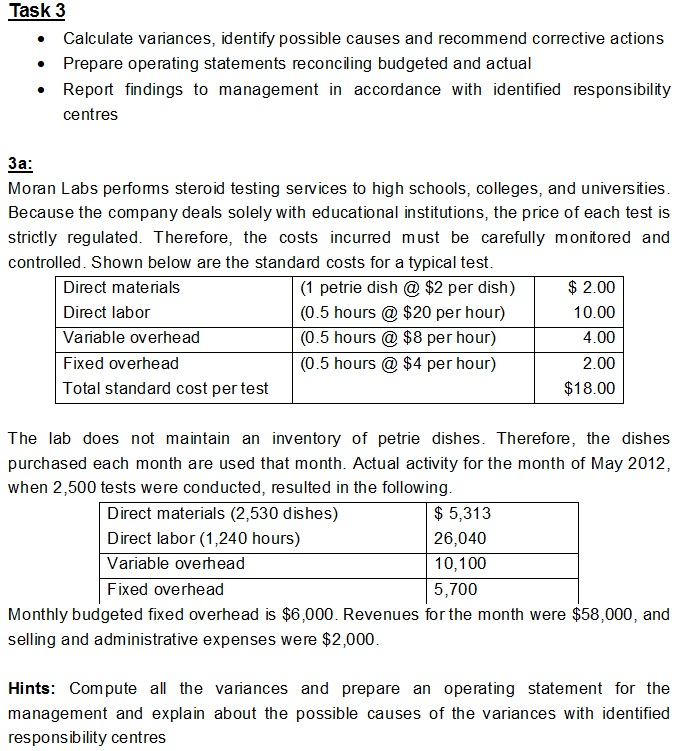 Task 3a Calculate variances, identify possible causes and recommend corrective actions Prepare