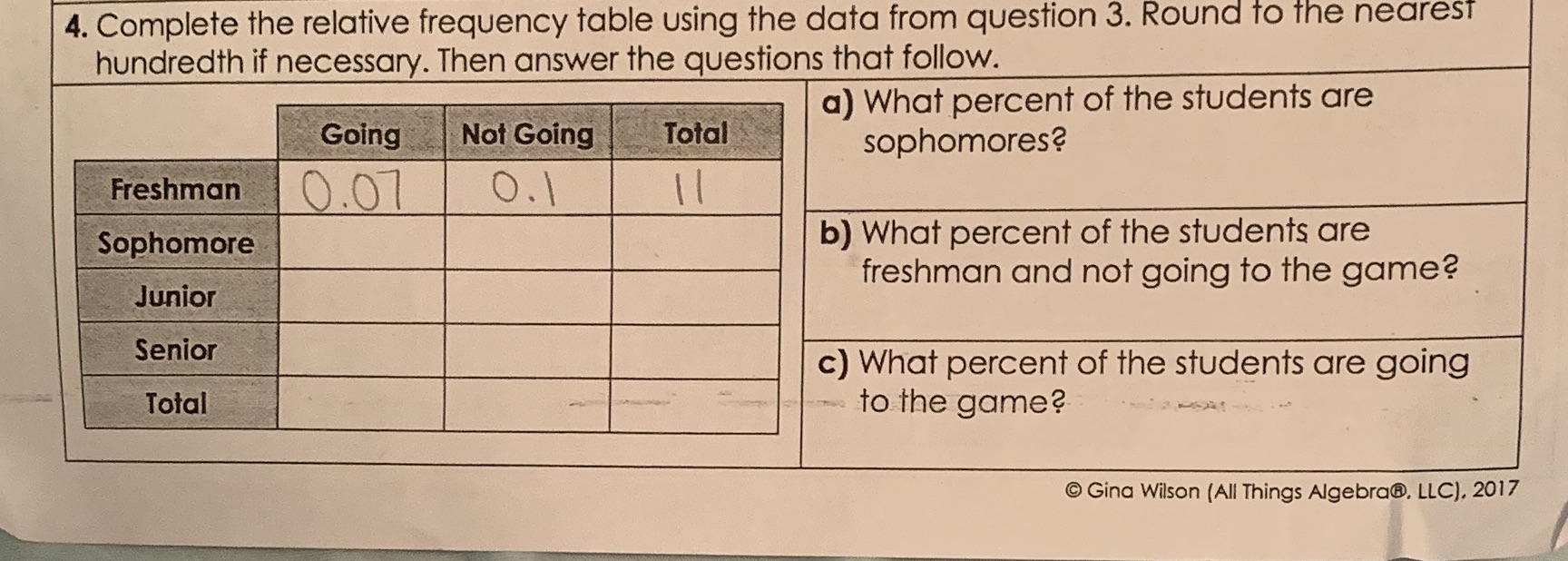  4. Complete the relative frequency table using the data from question