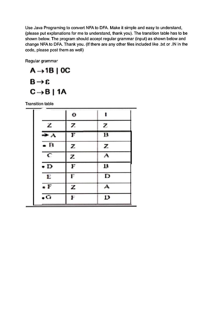 Use Java Programing to convert NFA to DFA. Make it simple