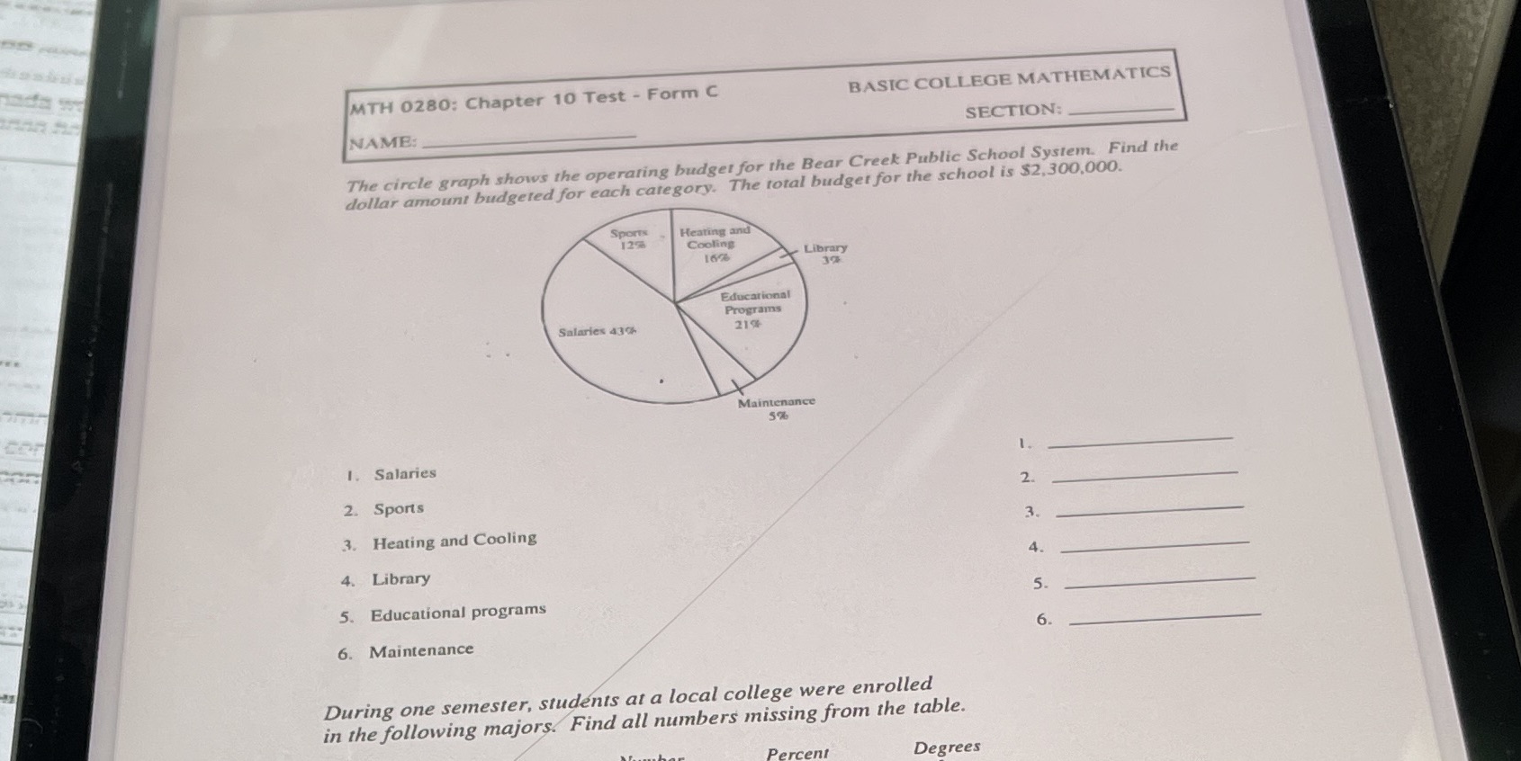 MTH 0280: Chapter 10 Test - Form C BASIC COLLEGE MATHEMATICS