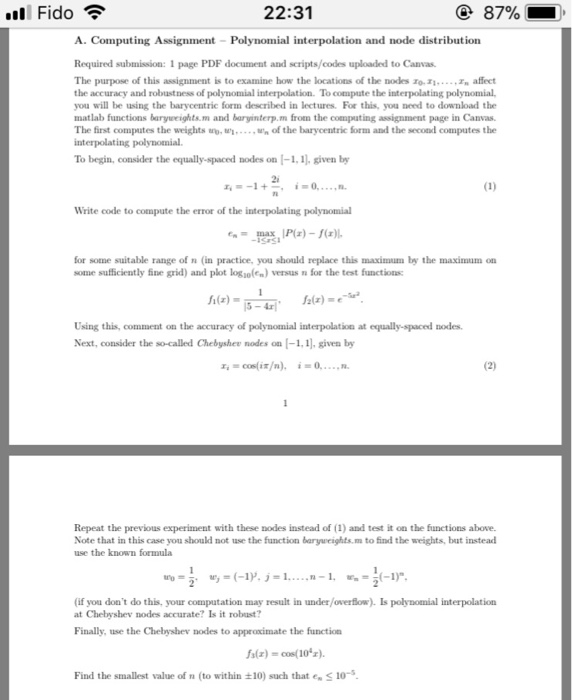  Fido 22:31 87%- A. Computing Assignment Polynomial interpolation and node distribution