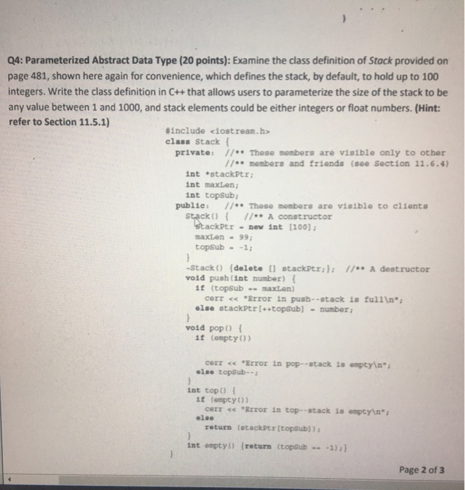  Q4: Parameterized Abstract Data Type (20 points): Examine the class definition