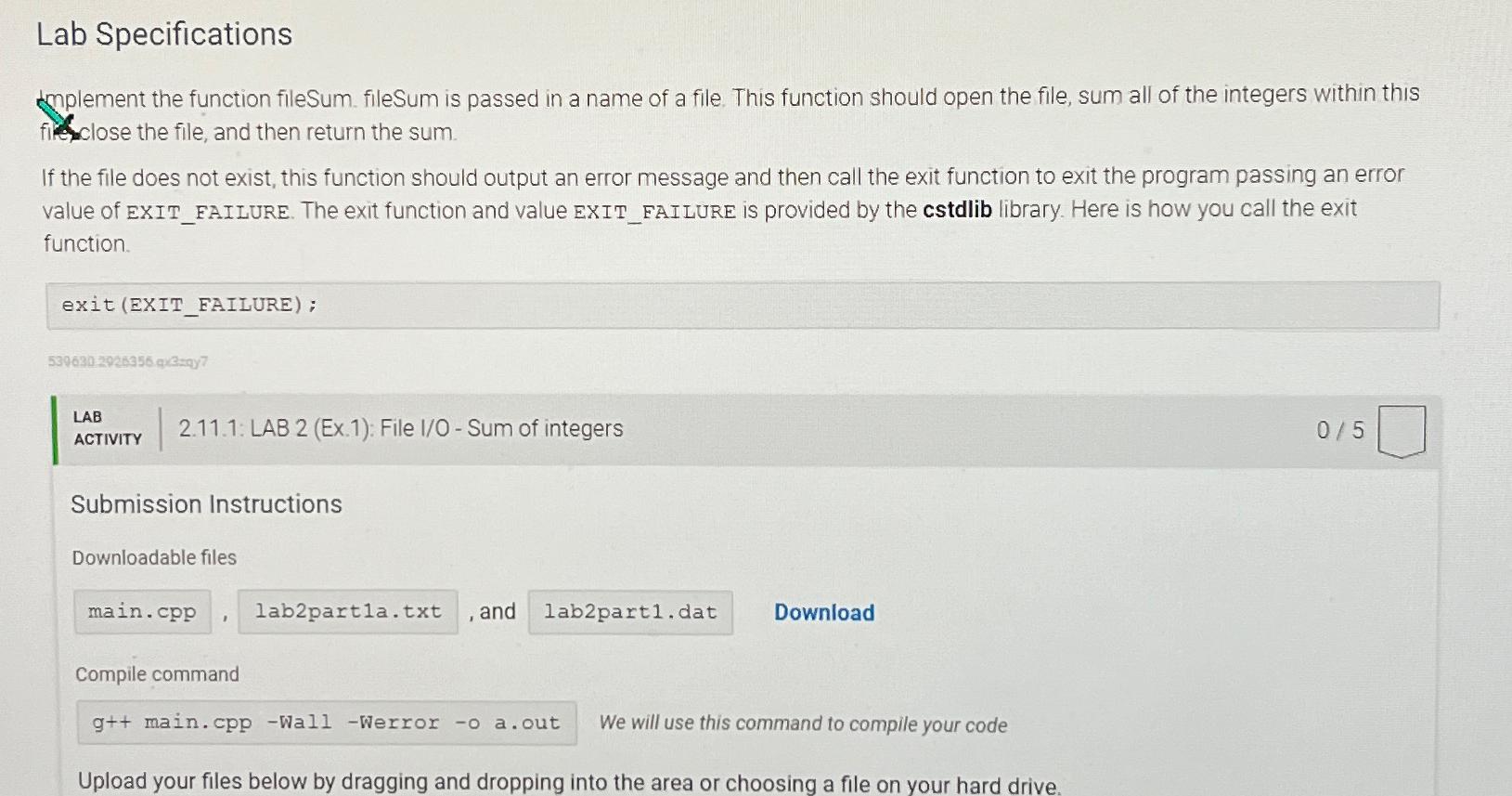  Lab Specifications tmplement the function fileSum. fileSum is passed in a