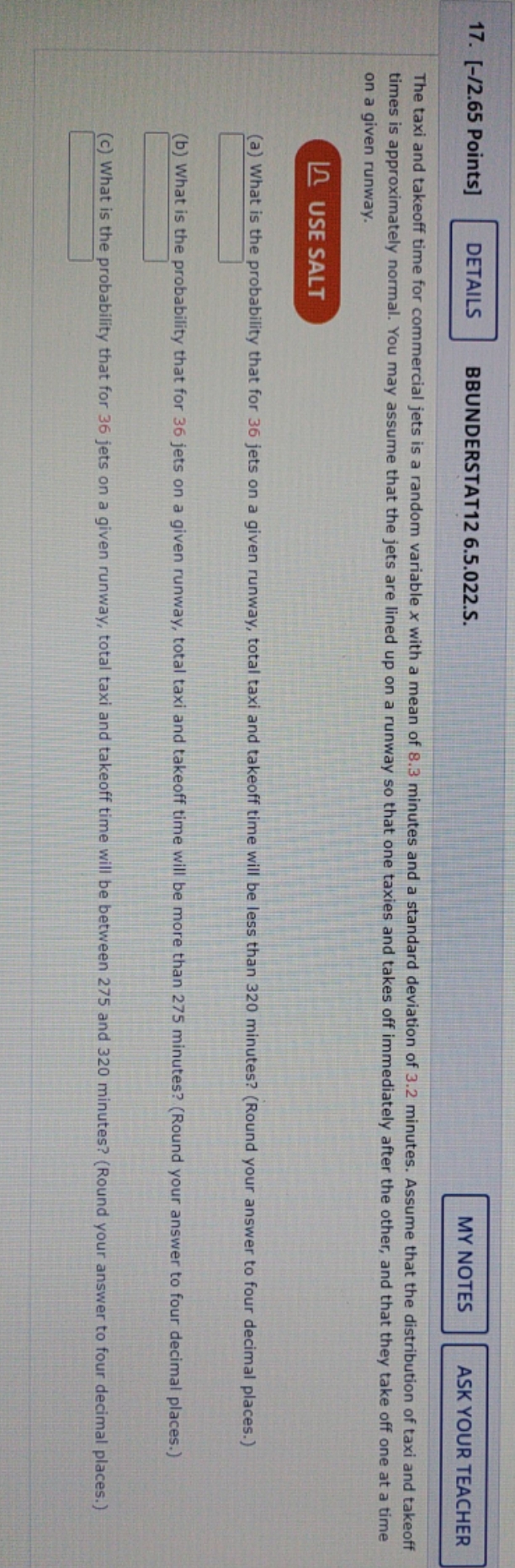 please help 17. [-/2.65 Points] DETAILS BBUNDERSTAT12 6.5.022.S. MY NOTES ASK YOUR