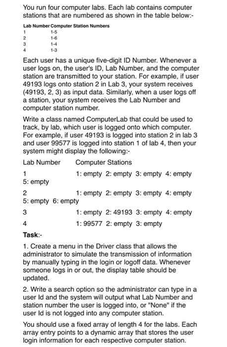  Java You run four computer labs. Each lab contains computer stations