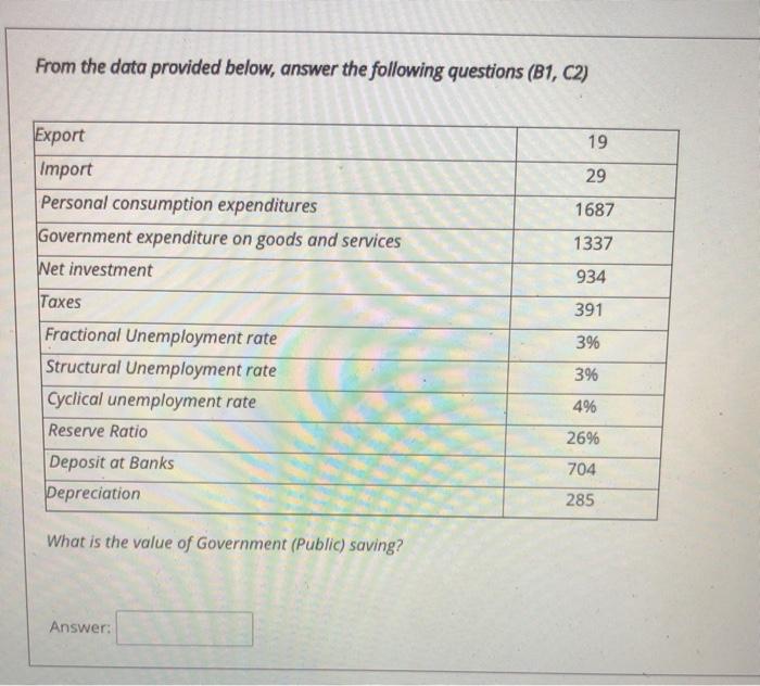  From the data provided below, answer the following questions (B1, C2)