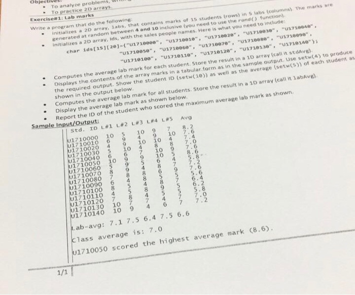  Objectives - To analyze problems, w To practice 20 arrays Exercise#
