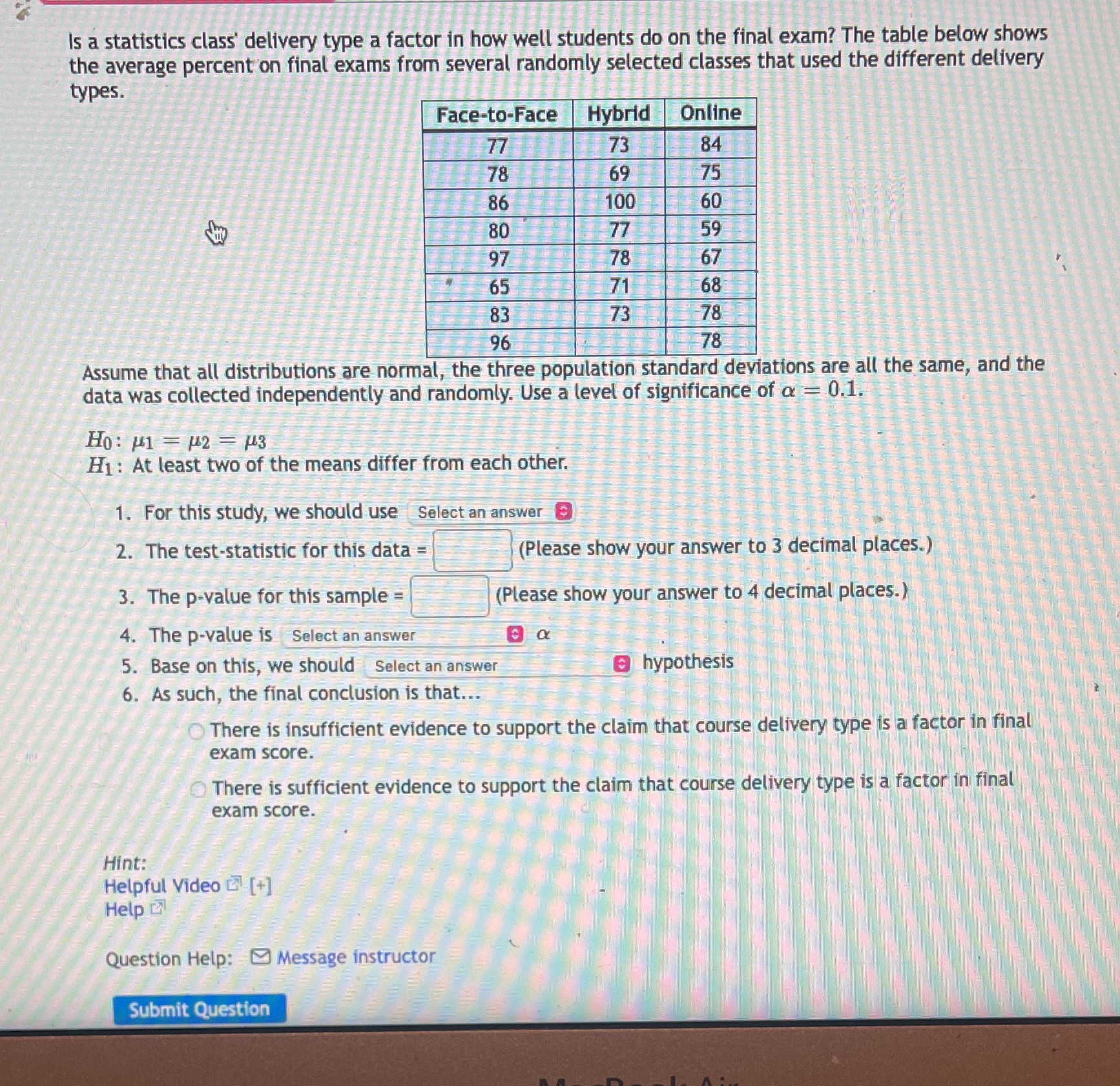  Is a statistics class' delivery type a factor in how well