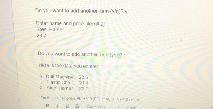 input from user the names and prices of products or iterns in