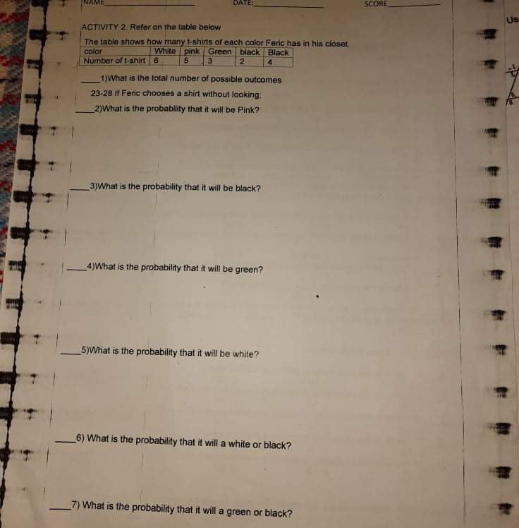 PROBLEM SOLVING on PROBABILITY SCORE ACTIVITY 2. Refer on the table below