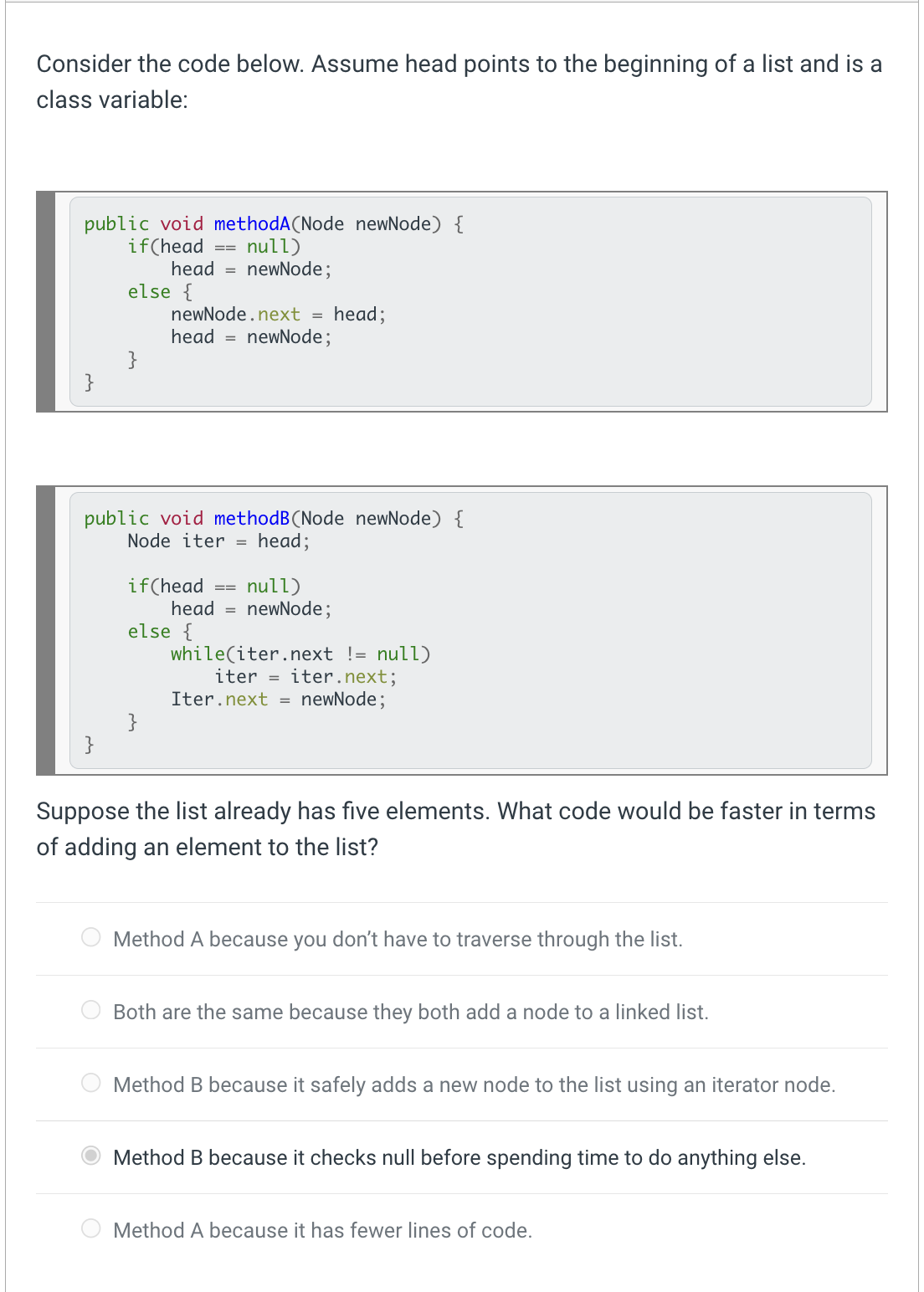  Consider the code below. Assume head points to the beginning of