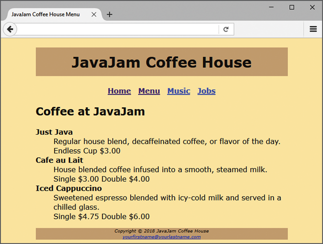 external style sheet named javajam.css that configures the color and text for