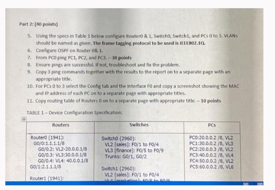  Part 2: (40 points) 5. Using the specs in Table 1
