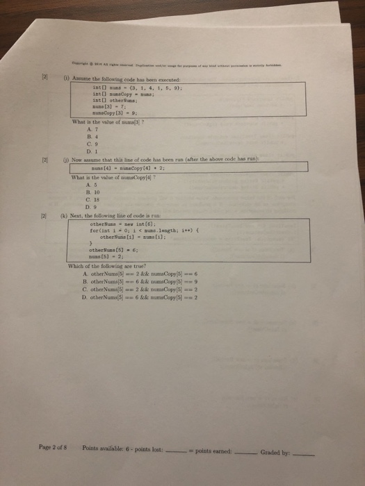  2 ) Assume the following code has been executed (3, 1,