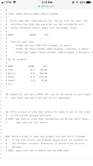  Help please 2:17 PM github.com 90% 52# 53 # hourly wage>,
