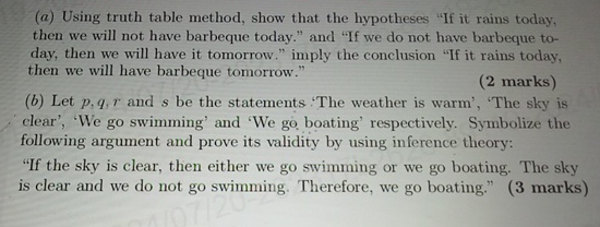  (a) Using truth table method, show that the hypotheses "If it