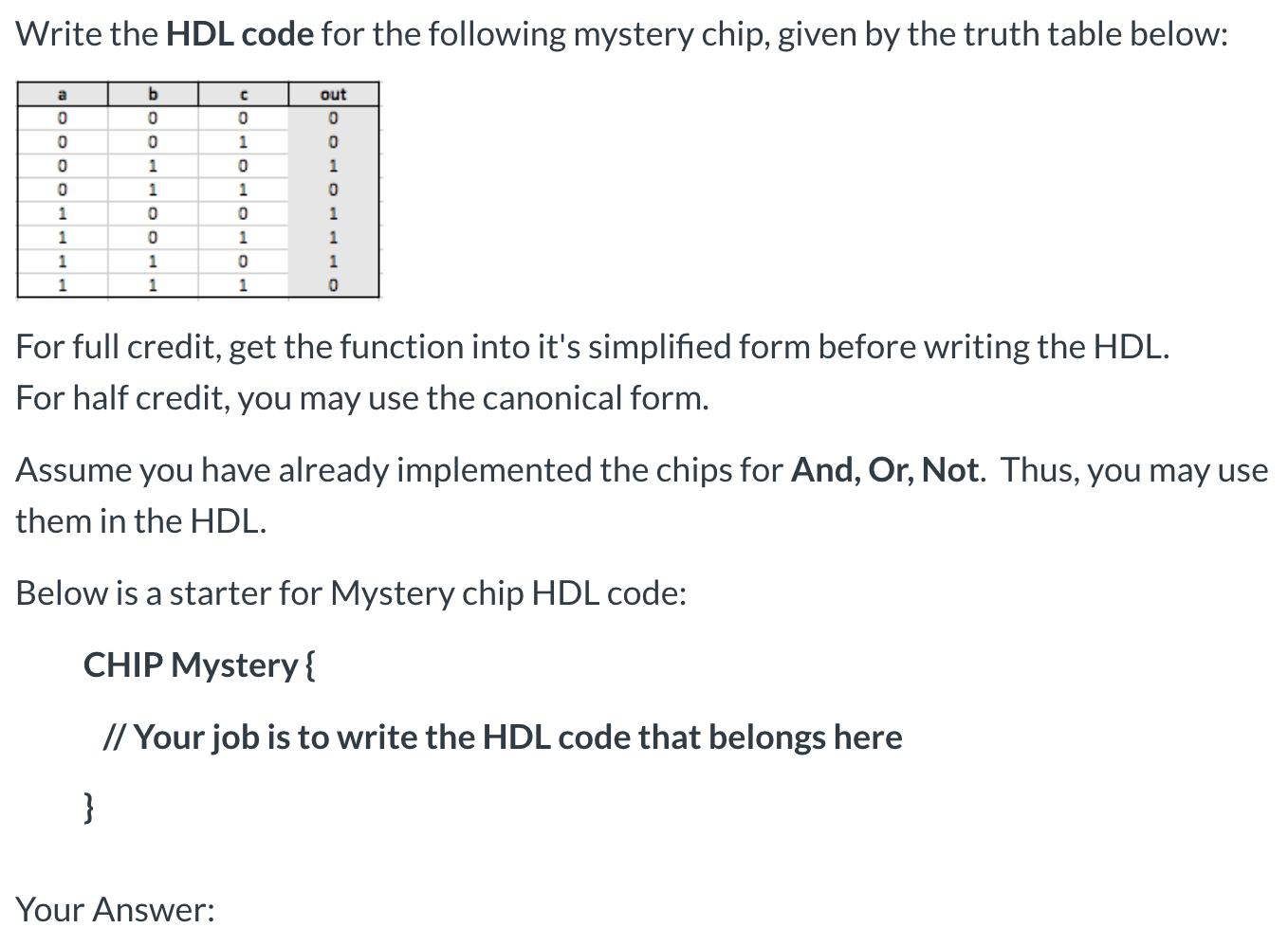 Write the HDL code for the following mystery chip, given by