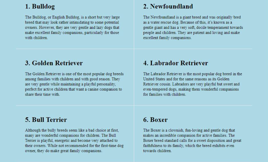 need an html code using grid for this design 1. Bulldog 2.