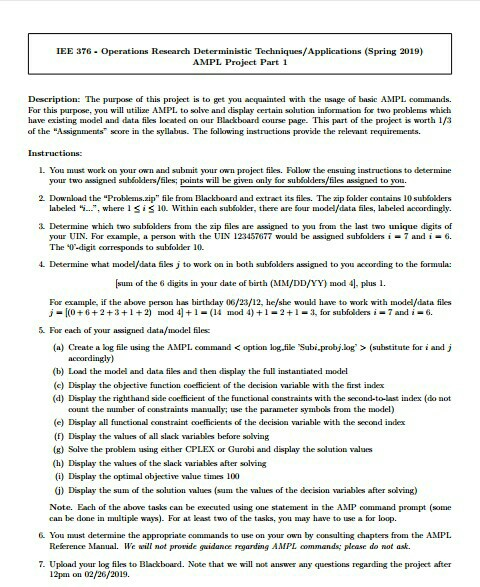 IEE 376 Operations Research Deterministic Techniques/Applications (Spring 2019) AMPL Project Part