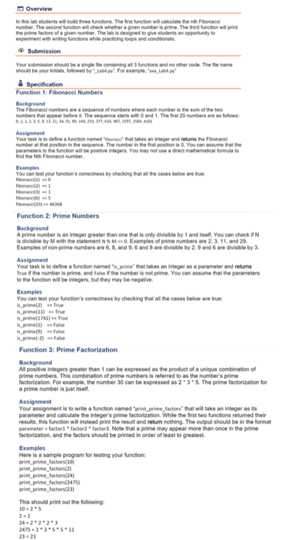  Overview In this lab students will build three functions. The first