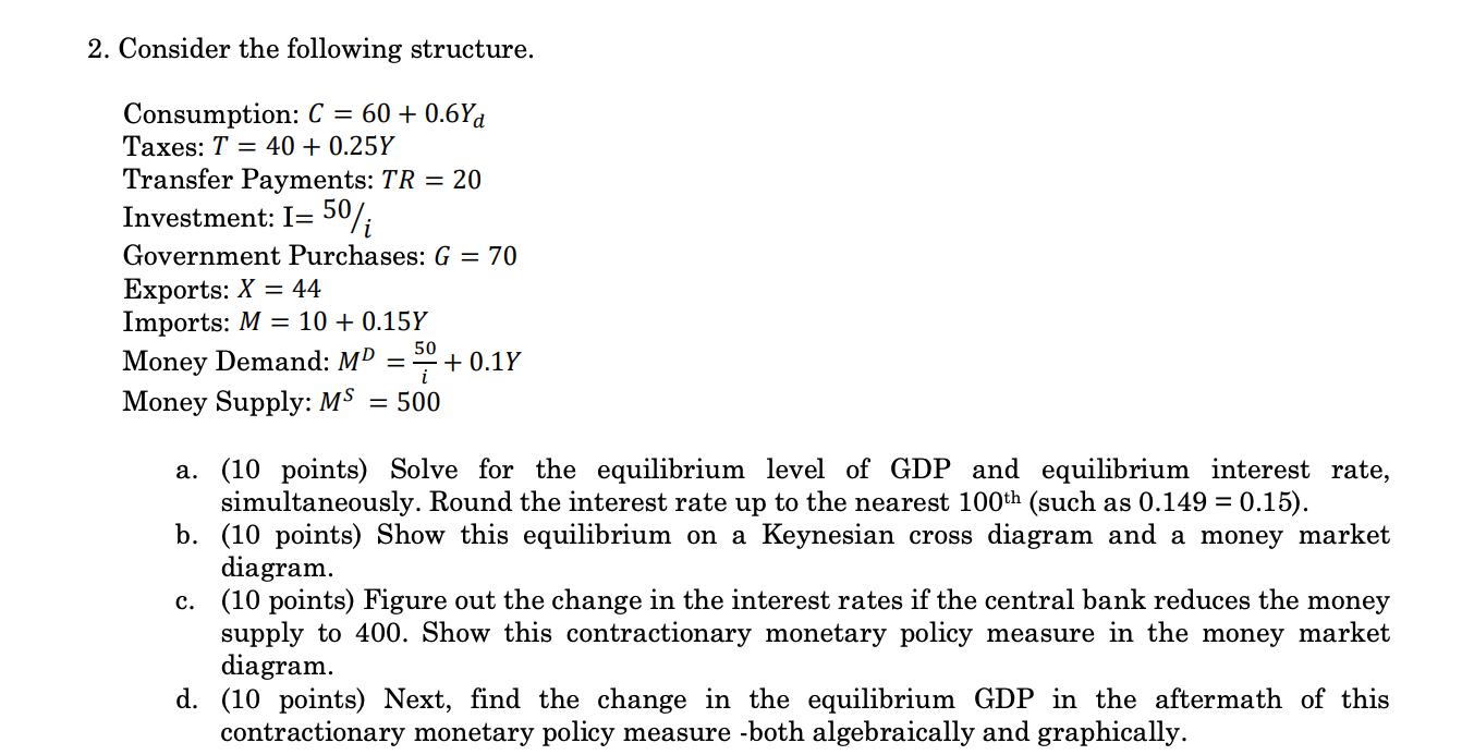 2. Consider the following structure. Consumption: C = 60 + 0.6Ya