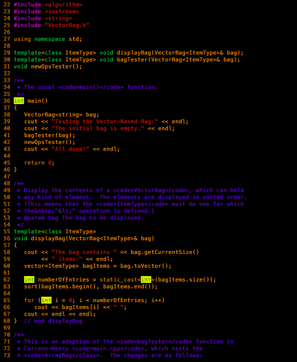 BagInterface 10 public: VectorBag); void add (T) void clear); ectorBag operator+(VectorBag); VectorBag