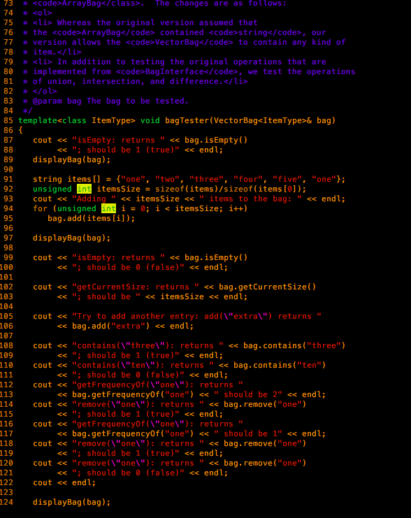 operator*(VectorBag); VectorBag operator-(VectorBag); bool contains (T); int getFrequencyof (T); bool remove (T);