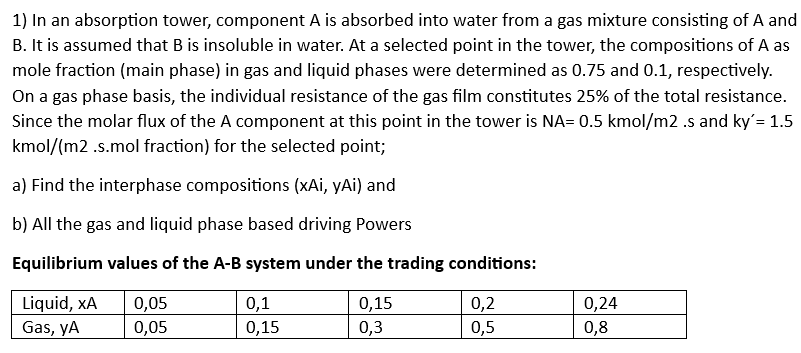 1) In an absorption tower, component A is absorbed into water