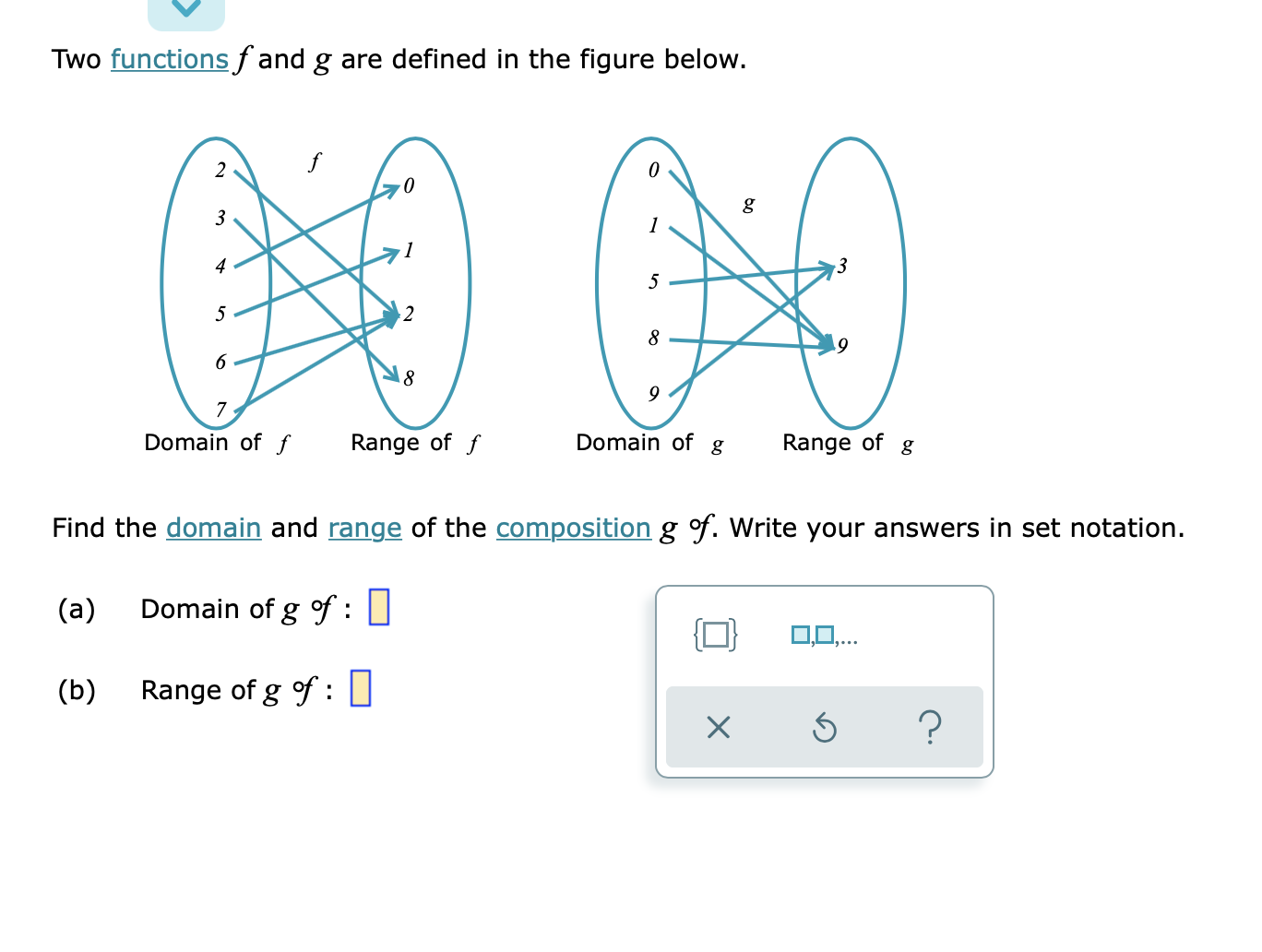 composition g of. Write your answers in set notation. (a) Domain of
