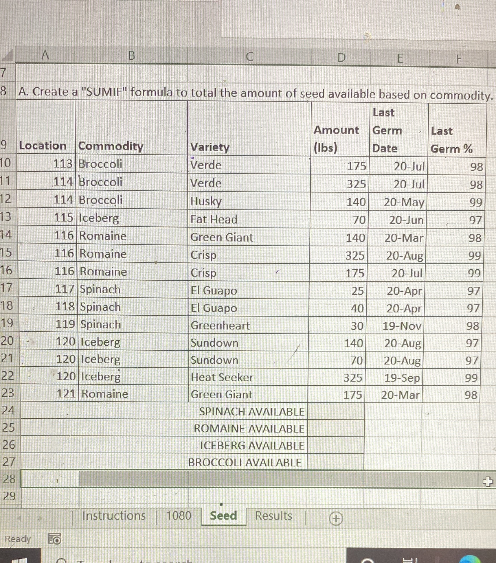  A B D E F 8 A. Create a "SUMIF" formula