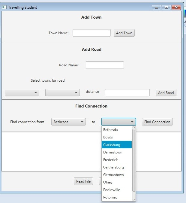 an Add Town section, an Add Road section, a Find Connection section,
