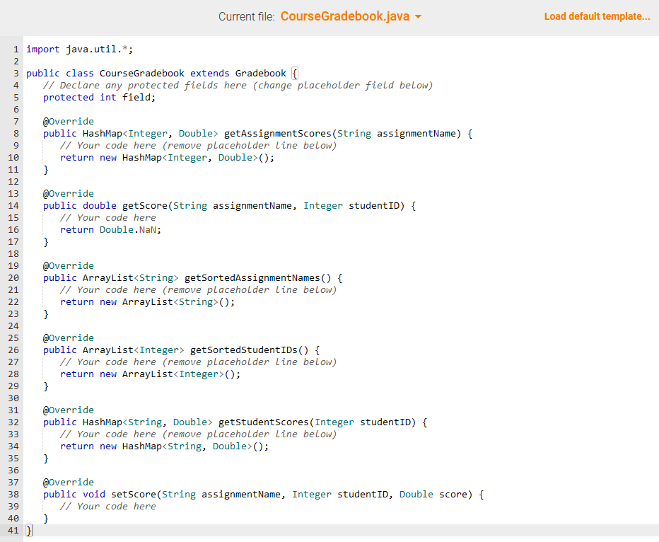 gradebookData = new HashMap(); } public void setScore(String assignment, int studentID, double