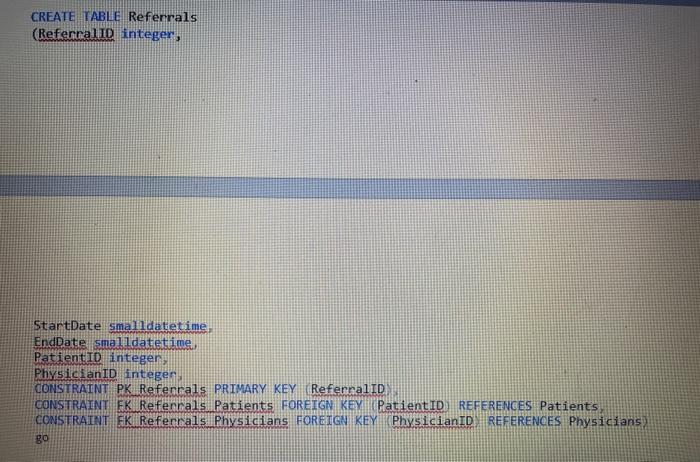 integer, SpecialtyName varchar(50), CONSTRAINT PK PhysicianSpecialties. PRIMARY KEY (SpecialtyID)) go CREATE TABLE