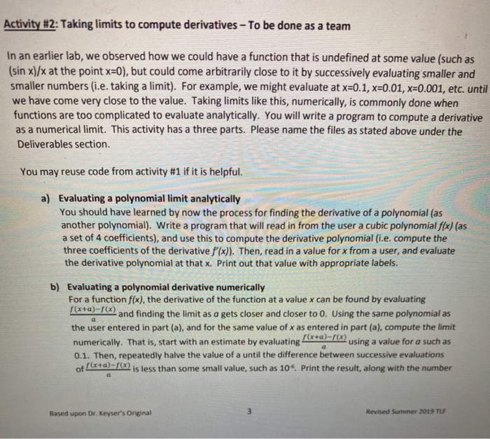  python 3 code Activity #2: Taking limits to compute derivatives -