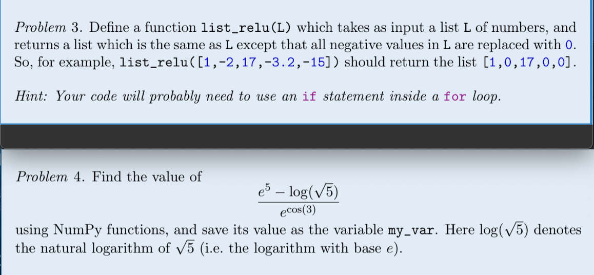 Python Coding Problem 3. Define a function list_relu(L) which takes as input